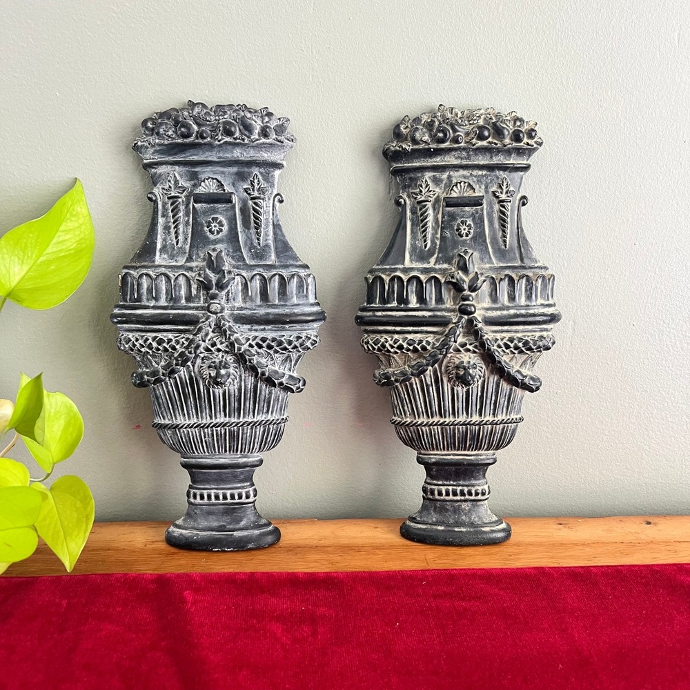 Pair Neoclassical Urn Wall Decor 3D Relief Lion Head Laurel Garland Distressed